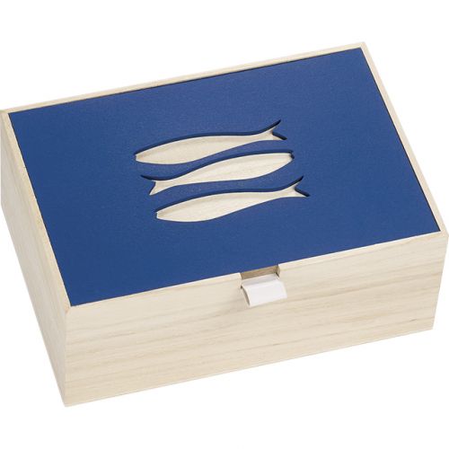 Box rectangular Wood, in  natural/blue color, laser cut - fish, handle 27x15x10cm, B160B