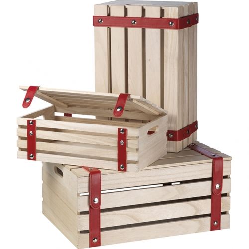 Box rectangular wood vintage effect red false leather strips popper buttons, 40x25x16 cm, B014GR