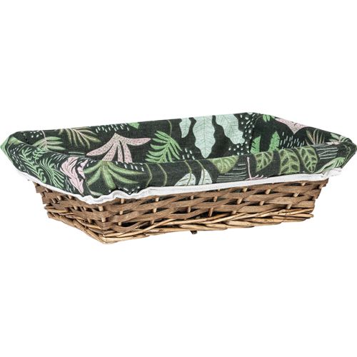Tray wicker/wood rectangular brown green fabric/floral pattern, 33x23x 9 cm, J494M