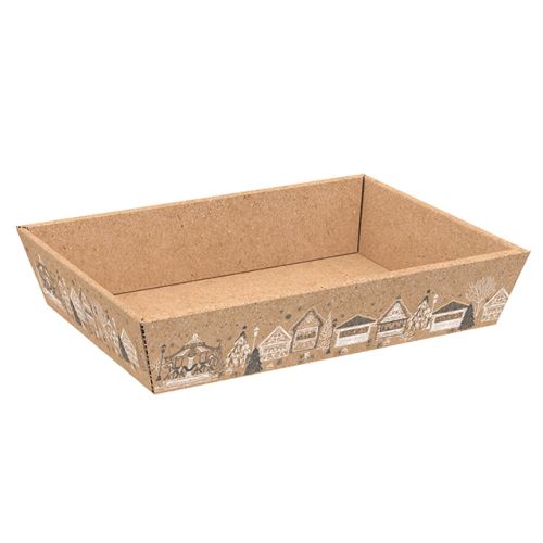 Rectangular cardboard tray, Bonnes Fetes 37x28x7.3 cm, kraft/grey/black CV516G-CH