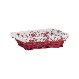 Tray Wicker/Wood Rectangular Brown White fabric/Red Snowflakes  33x23x9cm, J498M