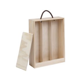 Box Wine Pinewood 3 Bottles Bordeaux half sliding lid with cord handle Int.Dim, 32.3x24.5x7.9 cm, GVBX-3BFN