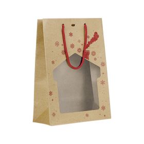 Bag Paper Kraft Red Christmas chalet shape PET Window Red cord handles Eyelet 20x10x29cm, SB104S