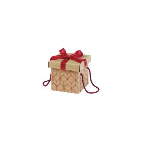 Box Cardboard Square Kraft Red geomitrical circle Red satin bow Red cord  12,5x12,5x12cm, CP135SR