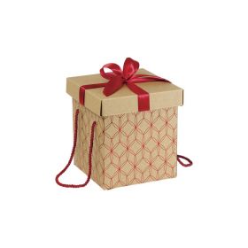 Box Cardboard Square Kraft Red geomitrical circle Red satin bow Red cord  18,5x18,5x19,5cm, CP135PR
