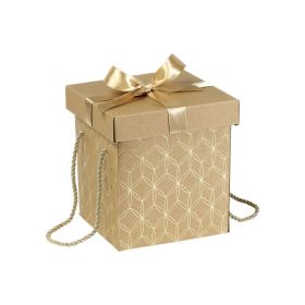 Box Cardboard Square Kraft Gold geomitrical circle Gold satin bow Golden cord  18,5x18,5x19,5cm, CP125POR