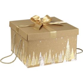 Box Cardboard Square Kraft Christmas trees Gold/White Gold satin bow Golden cord  34x34x20cm, CP100EOW