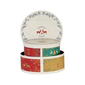 Box Cardboard Round "Bonnes Fêtes" Wood effect/Red/Green/Gold  D25,5x10cm, BF391P