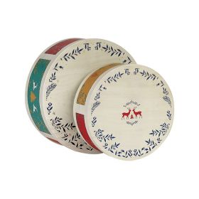 Box Cardboard Round "Bonnes Fêtes" Wood effect/Red/Green/Gold  D25,5x10cm, BF391P