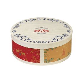 Box Cardboard Round "Bonnes Fêtes" Wood effect/Red/Green/Gold  D25,5x10cm, BF391P