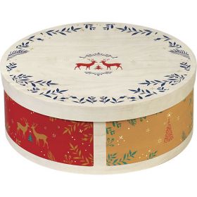 Box Cardboard Round "Bonnes Fêtes" Wood effect/Red/Green/Gold  D31,5x12cm, BF391M