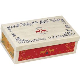 Box Cardboard Rectangle "Bonnes Fêtes" Wood effect/Red/Green/Gold, 33x21x12 cm, BF390M