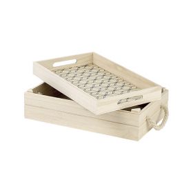 Box Wood Rectangular Nature/Black Geometrical circles Rope handles Cover Tray  35x21x12cm, B180M