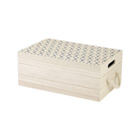 Box Wood Rectangular Nature/Black Geometrical circles Rope handles Cover Tray, 40x25x16 cm, B180G