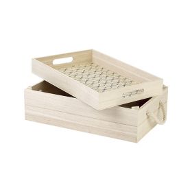 Box Wood Rectangular Nature/Black Geometrical circles Rope handles Cover Tray, 40x25x16 cm, B180G
