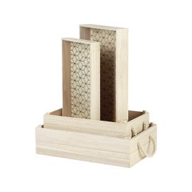 Box Wood Rectangular Nature/Black Geometrical circles Rope handles Cover Tray, 40x25x16 cm, B180G