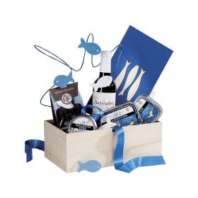 Box rectangular Wood, in  natural/blue color, laser cut - fish, handle 27x15x10cm, B160B