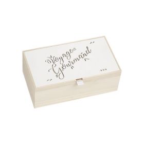 Box Rectangular Wood, nature / white, laser cutting, decor "Voyage Gourmand", 20.5x14x8.2 cm, B152W