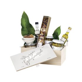 Box Rectangular Wood, natural / white, laser cut, decor "Voyage Gourmand", 33x18x11 cm, B150PW
