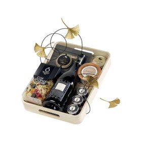 Tray Square Wood, with rounded corners, gold / black color, leaf decor, handles 27x27x5cm, B124P