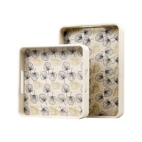 Tray Rectangular Wood,  with rounded corners, gold / black color, leaf decor, handles 35x25x5cm, B124G