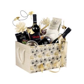 Case Rectangular Wood, in gold / black color, leaf decor, rope handles 35x25x21cm, B123