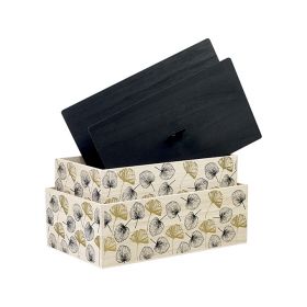 Box Rectangular Wood, in gold / black color, leaf decor, 32.5x18x10.5 cm, B120P