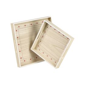 Tray Square Wood, Nature, with red / white design, white border handles 26x26x4,5cm, B082P