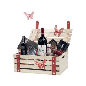 Rectangular vintage effect wood box with red faux leather strips and popper buttons 35x21x12cm, B014MR