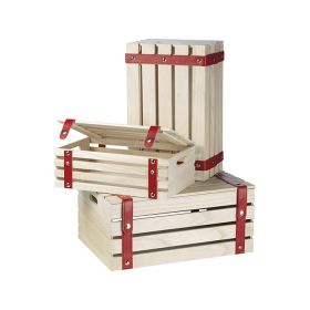 Rectangular vintage effect wood box with red faux leather strips and popper buttons 35x21x12cm, B014MR