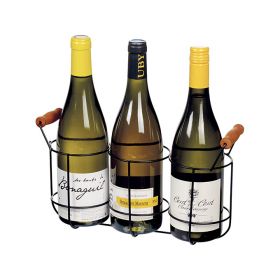 Coaster 3 bottles metal black 2 handles fixed wood 33 x 10 x 13/16cm, F124-3B