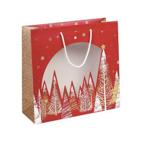 Paper Bag, decor Bonnes Fêtes, rouge blanc, hot gold plating, window PVC, handles white rope /closing eyelet 35x13x33cm, SB383G