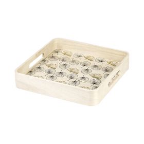 Tray Square Wood, with rounded corners, gold / black color, leaf decor, handles 27x27x5cm, B124P