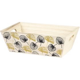Tray Rectangular Wood, in gold / black, leaves decor, handles 35x25x9cm, B121M