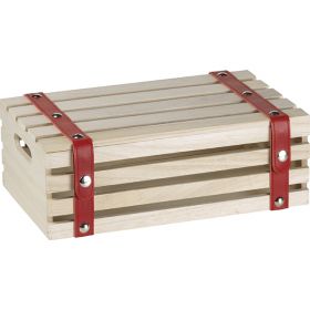 Rectangular vintage effect wood box with red faux leather strips and popper buttons 35x21x12cm, B014MR