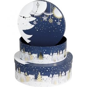 Box cardboard round blue / white / gold "Bonnes Fêtes", 10x27.5 cm, BF371P