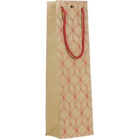 Bag Paper kraft 1 bottle hot gliding red geometrical circles red cord handles eyelet, 11x9x39 cm, SB144-1B