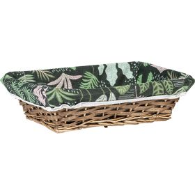 Дървен правоъгълен плетен поднос, с плат в зелено/флорален десен, 33x23x 9 см, J494M