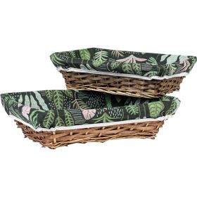 Дървен правоъгълен плетен поднос, с плат в зелено/флорален десен, 33x23x 9 см, J494M