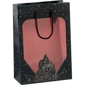 Bag paper PET window black/red/white/gold Village black cord handles eyelet,  20x10x29 cm, SB075S