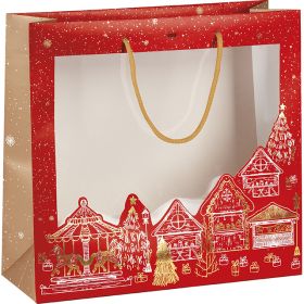 Bag paper "Bonnes Fêtes" red/gold hot foil stamping PET window gold cord handles eyelet, 35x13x33 cm, SB343G