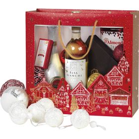 Bag paper "Bonnes Fêtes" red/gold hot foil stamping PET window gold cord handles eyelet, 35x13x33 cm, SB343G