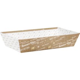 Tray cardboard rectangular kraft/white/gold hot foil stamping "Bonnes Fêtes", 33x20x7 cm, BF424M
