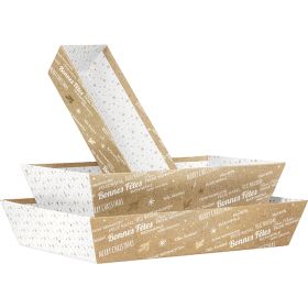 Tray cardboard rectangular kraft/white/gold hot foil stamping "Bonnes Fêtes", 33x20x7 cm, BF424M