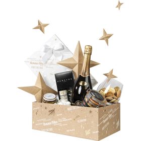 Box cardboard rectangular kraft/white/gold hot foil stamping "Bonnes Fêtes", 33x21x12 cm, BF420M
