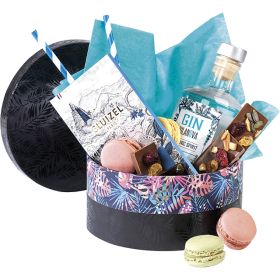Box cardboard round black/UV printing/tropical, 7.5xD16 cm, PC214XSK