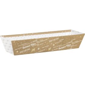 Tray cardboard rectangular kraft/white/gold hot foil stamping "Bonnes Fêtes", 30x10x6 cm, BF426LS