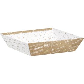 Tray cardboard square kraft/white/gold hot foil stamping "Bonnes Fêtes", 20x20x5 cm, BF427CS
