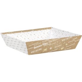 Tray cardboard square kraft/white/gold hot foil stamping "Bonnes Fêtes", 25x25x6 cm, BF427CM