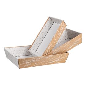 Tray cardboard rectangular kraft/white/gold hot foil stamping "Bonnes Fêtes", 34x21x7.3 cm, CV526M-BFK